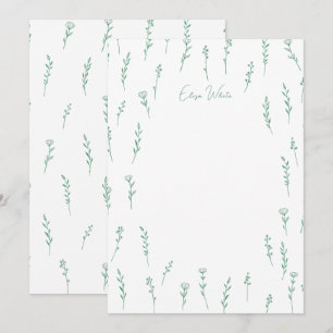 Delicate Wildflowers Line Art Green Custom Name Thank You Card
