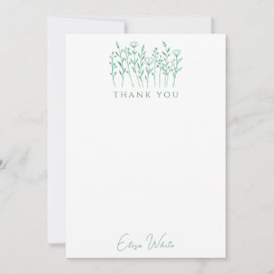 Delicate Wildflowers Line Art Green Custom Thank You Card