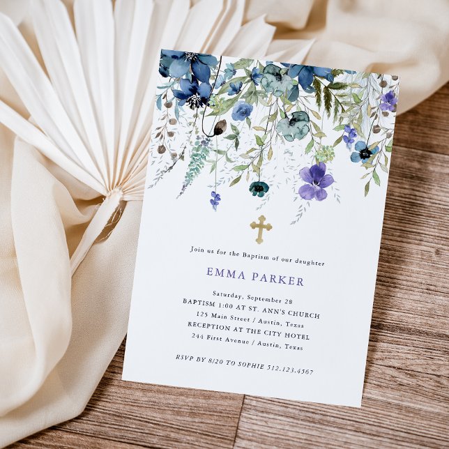 Delicate Wildflowers | Purple and Blue Baptism Invitation (Creator Uploaded)