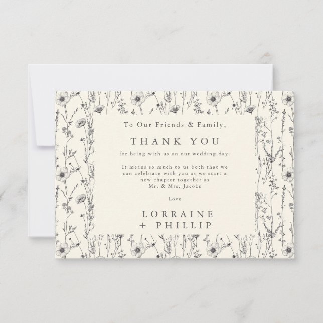 Delicate wildflowers seamless pattern wedding thank you card (Front)