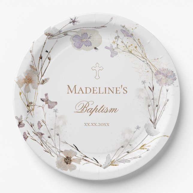 delicate wildflowers wreath Baptism  Paper Plate (Front)