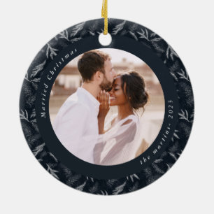 Delicate Winter Botanical Married Christmas Photo Ceramic Ornament