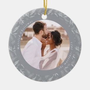 Delicate Winter Botanical Married Christmas Photo Ceramic Ornament