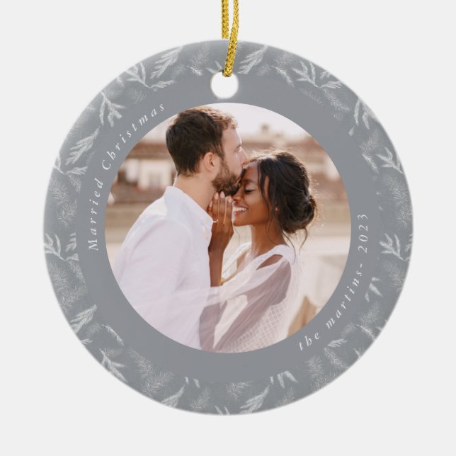 Delicate Winter Botanical Married Christmas Photo Ceramic Ornament (Front)