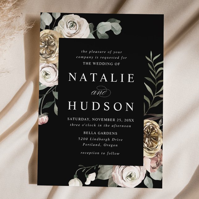 Delicate Winter Floral Frame Black Wedding Invitation (Creator Uploaded)