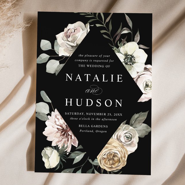 Delicate Winter Floral Frame Black Wedding Invitation (Creator Uploaded)