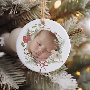 Delicate Wreath First Christmas Photo Ceramic Ornament