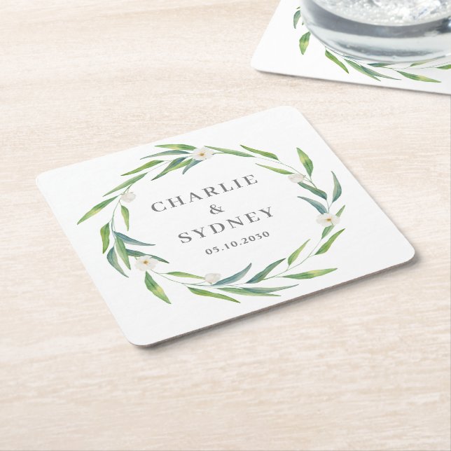 Delicate Wreath Wedding Bridal Shower Square Paper Coaster (Angled)