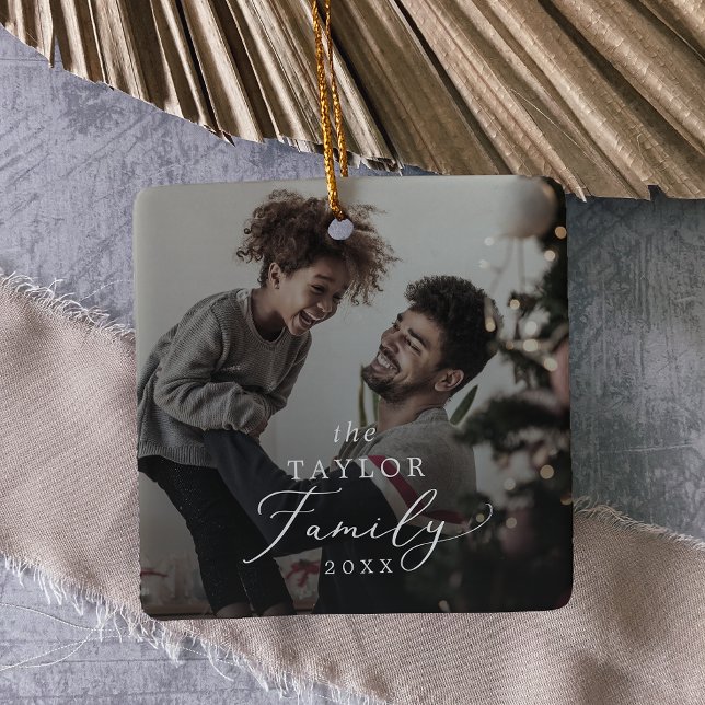 Delicate Yearly Family Dark Overlay Photo Keepsake Ceramic Ornament (Creator Uploaded)