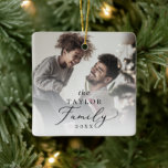 Delicate Yearly Family Photo Keepsake Ceramic Ornament<br><div class="desc">This delicate yearly family photo keepsake ceramic ornament is the perfect modern Christmas tree decoration. The romantic minimalist design features lovely and elegant black typography with a clean and simple look. Personalise your double-sided keepsake ornament with a photo,  your family name and the year.</div>