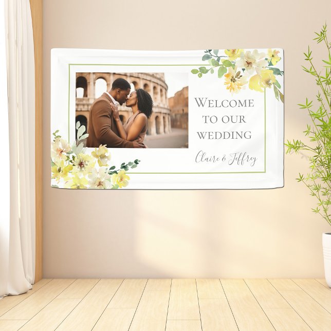 Delicate Yellow Floral Sage Green Photo Wedding Banner (Creator Uploaded)