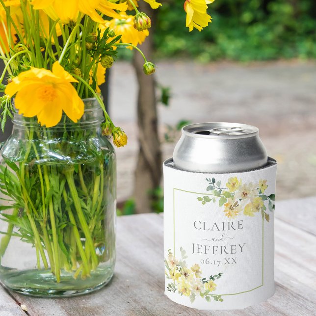 Delicate Yellow Floral Sage Green Summer Wedding Can Cooler (Creator Uploaded)