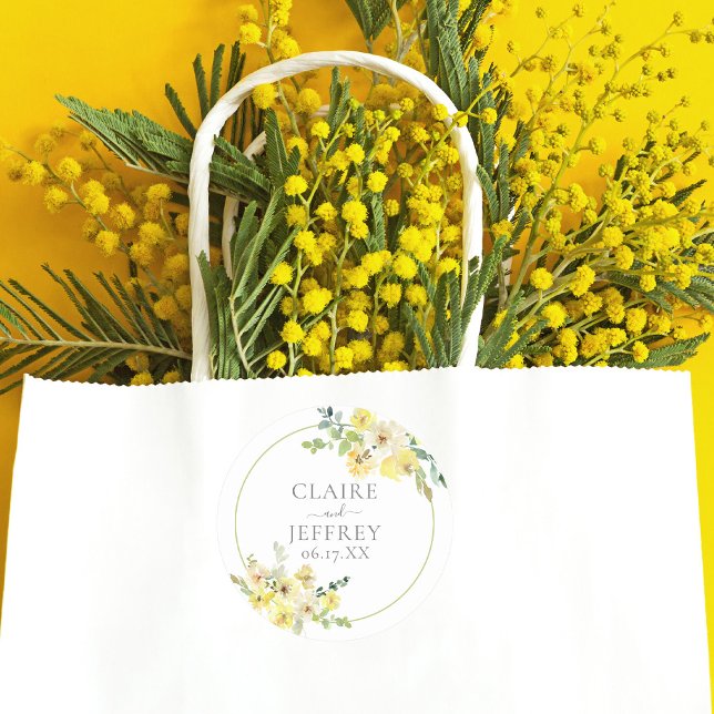 Delicate Yellow Floral Sage Green Summer Wedding Classic Round Sticker (Creator Uploaded)