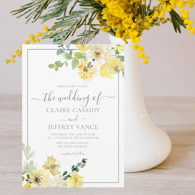 Delicate Yellow Floral Sage Green Summer Wedding Invitation (Creator Uploaded)