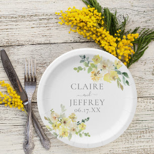 Delicate Yellow Floral Sage Green Summer Wedding Paper Plate