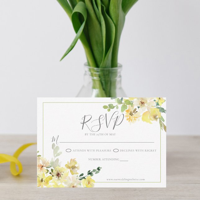 Delicate Yellow Floral Sage Green Summer Wedding RSVP Card (Creator Uploaded)