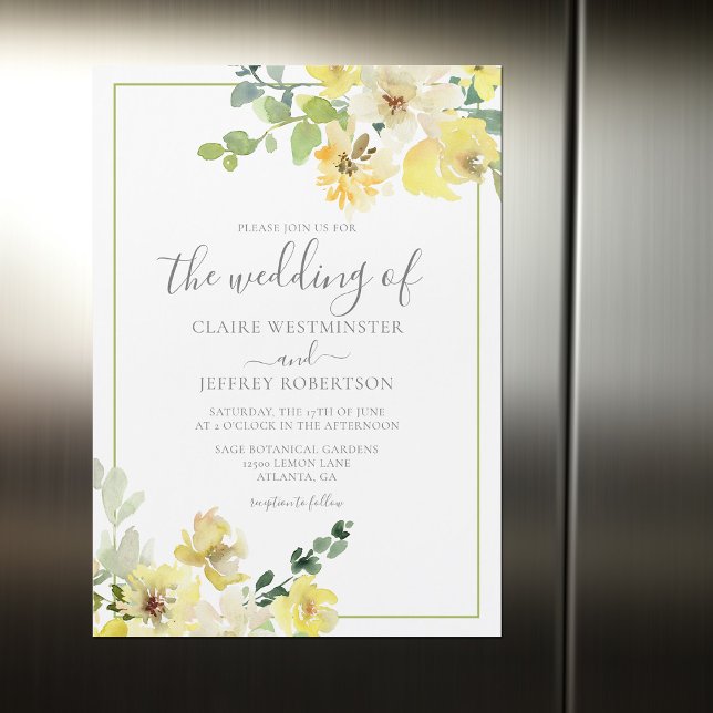 Delicate Yellow Floral Sage Green Wedding Magnetic Invitation (Creator Uploaded)