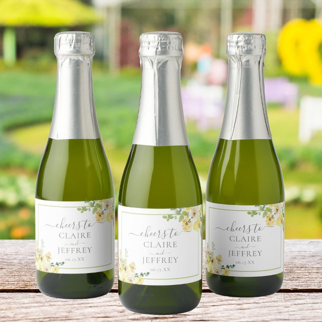 Delicate Yellow Floral Sage Green Wedding Mini Sparkling Wine Label (Creator Uploaded)