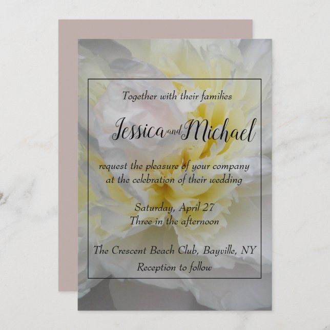 Delicate yellow & white peony rose wedding invite (Front/Back)