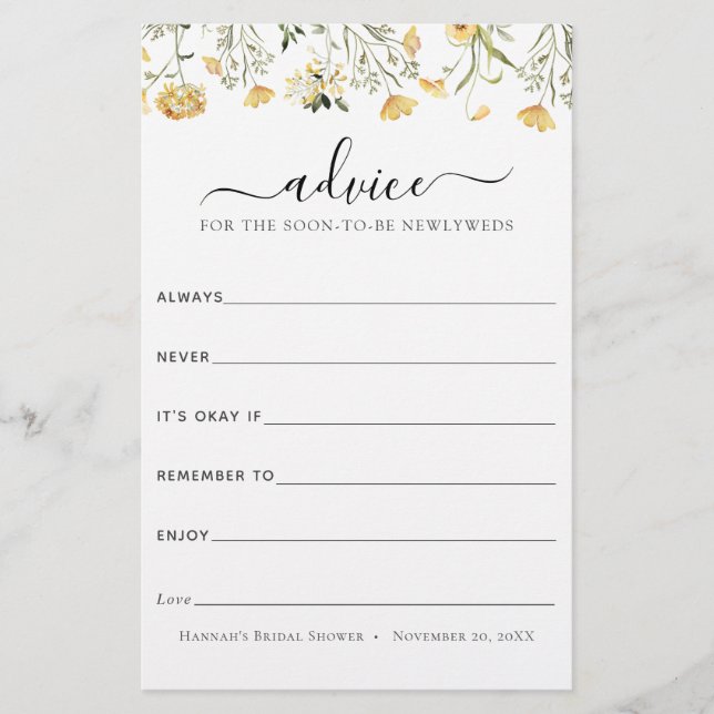 Delicate Yellow Wildflower Advice for Newlyweds (Front)