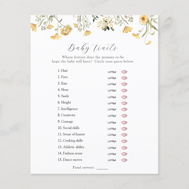 Delicate Yellow Wildflower Baby Traits Shower Game (Front)
