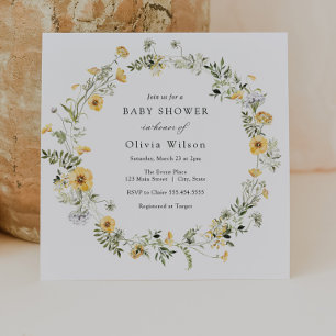 Delicate Yellow Wildflower Wreath Baby Shower Invitation