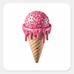 Delicious 3D Pink Strawberry Ice Cream Cone Sticke Square Sticker