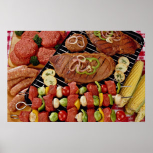 Delicious Barbecue with uncooked and cooked meat o Poster