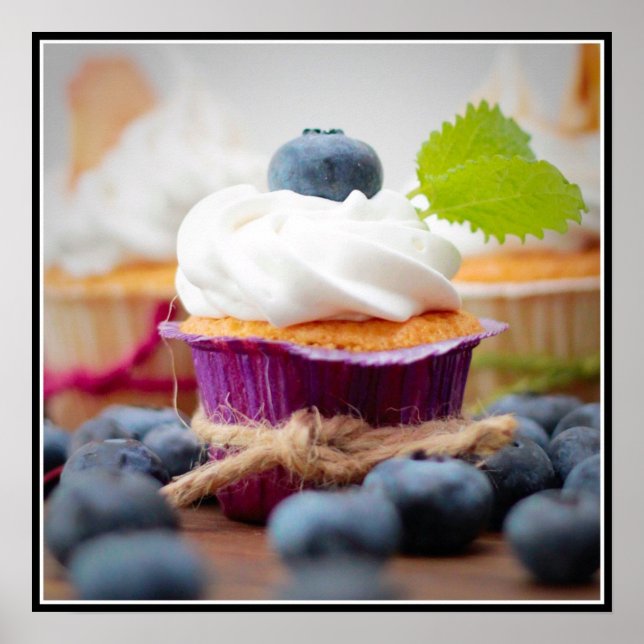Delicious Blueberry Cupcake with Whipped Cream Poster (Front)