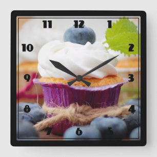 Delicious Blueberry Cupcake with Whipped Cream Square Wall Clock