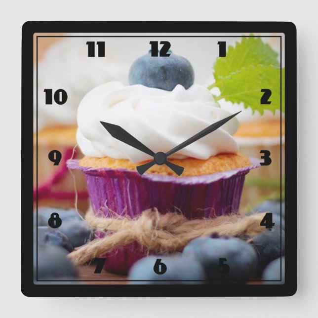 Delicious Blueberry Cupcake with Whipped Cream Square Wall Clock (Front)