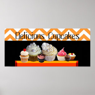 DELICIOUS CUPCAKE DESERT SHOP ORANGE WHITE CHEVRON POSTER