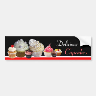 DELICIOUS CUPCAKES BIRTHDAY PARTY ,red pink black Bumper Sticker
