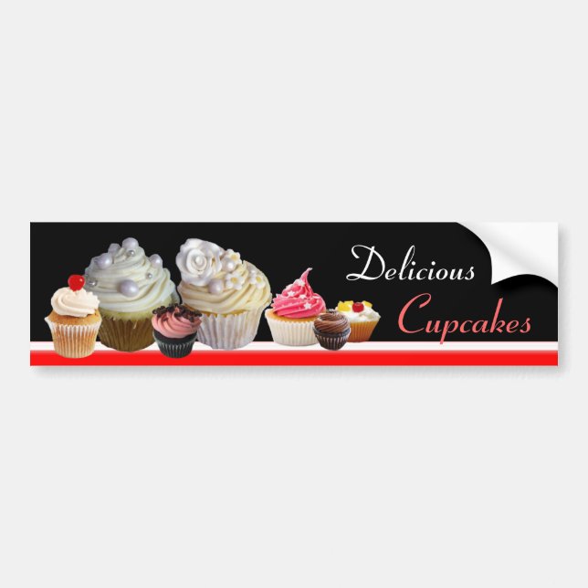 DELICIOUS CUPCAKES BIRTHDAY PARTY ,red pink black Bumper Sticker (Front)
