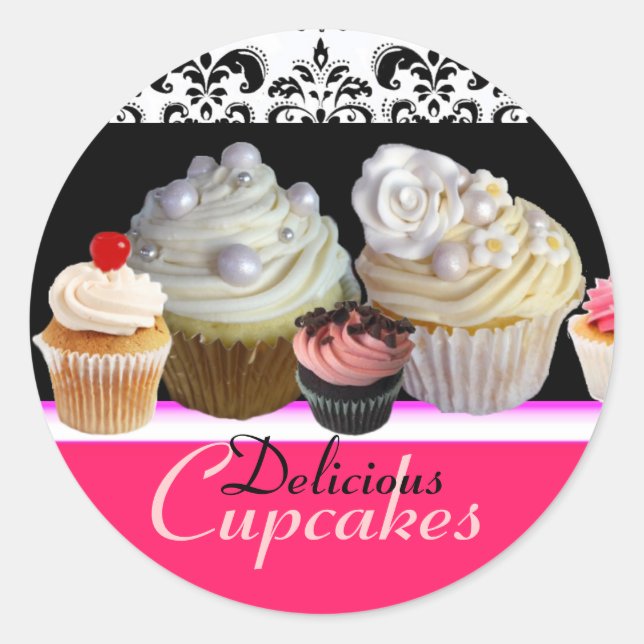 DELICIOUS CUPCAKES BIRTHDAY PARTY ,red pink black Classic Round Sticker (Front)