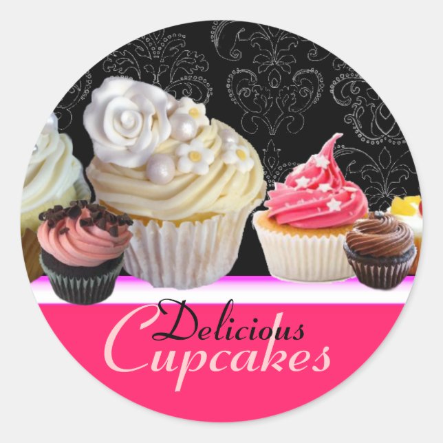 DELICIOUS CUPCAKES BIRTHDAY PARTY ,red pink black Classic Round Sticker (Front)