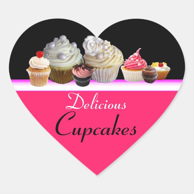 DELICIOUS CUPCAKES BIRTHDAY PARTY ,red pink black Heart Sticker (Front)