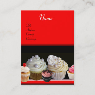 DELICIOUS CUPCAKES DESERT SHOP, black red Business Card