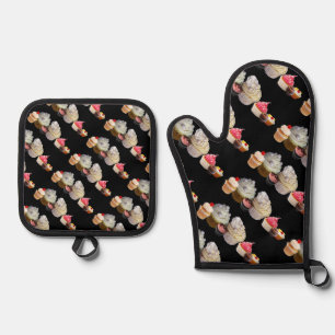 DELICIOUS CUPCAKES DESERT SHOP, Pink Black Fuchsia Oven Mitt & Pot Holder Set