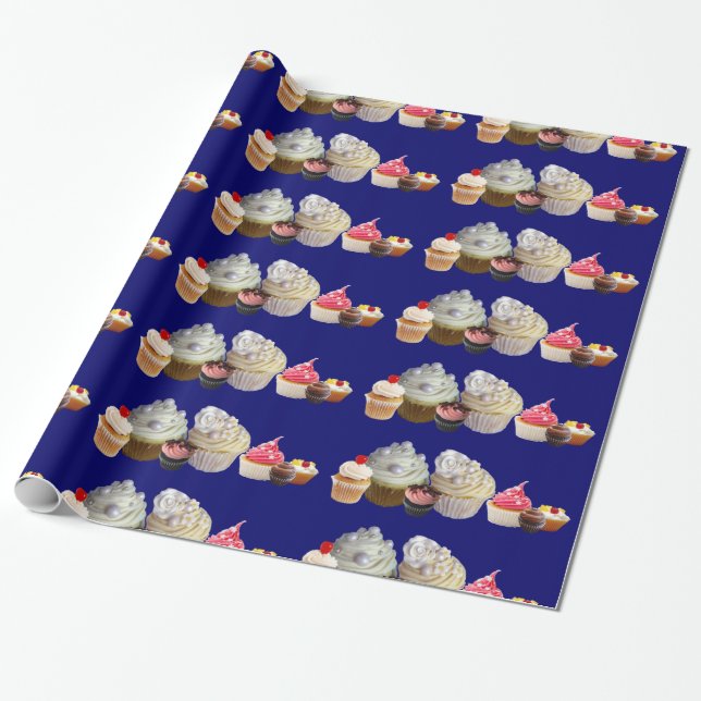 DELICIOUS CUPCAKES DESERT SHOP, Pink Blue White Wrapping Paper (Unrolled)
