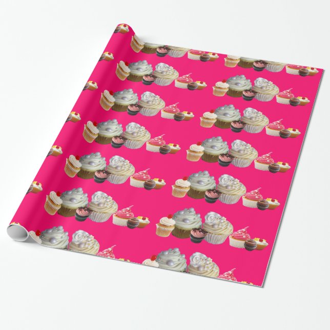 DELICIOUS CUPCAKES DESERT SHOP, Pink Fuchsia White Wrapping Paper (Unrolled)