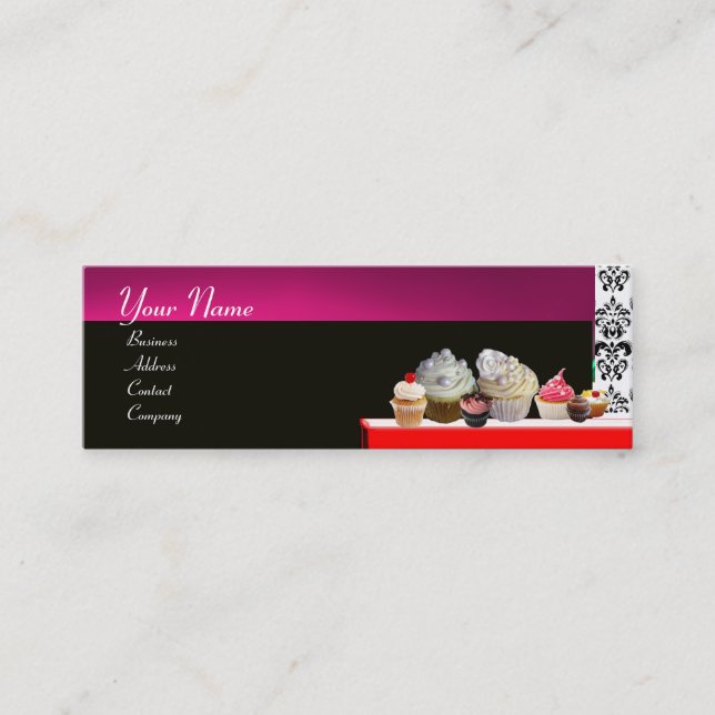 DELICIOUS CUPCAKES DESERT SHOP, Pink Purple Violet Mini Business Card (Front)