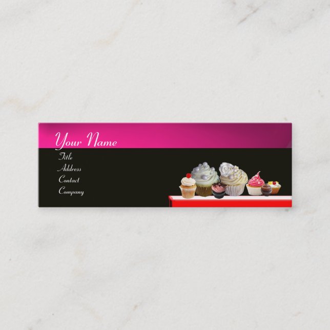 DELICIOUS CUPCAKES DESERT SHOP, Pink Purple Violet Mini Business Card (Front)