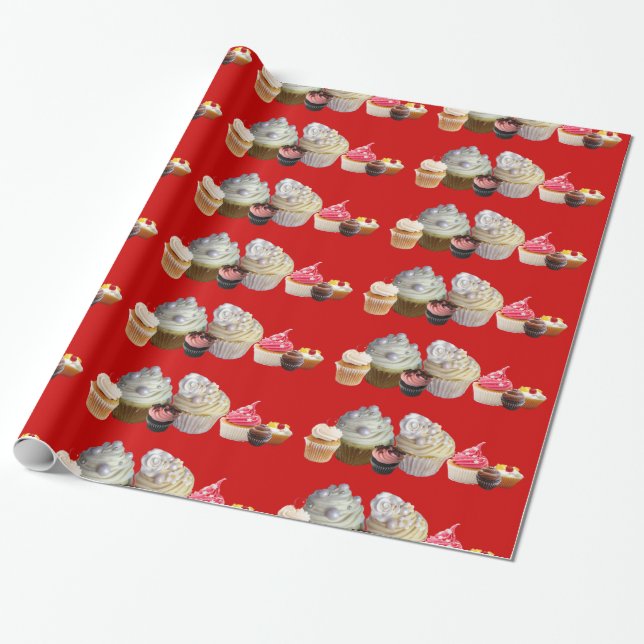 DELICIOUS CUPCAKES DESERT SHOP, Pink Red White Wrapping Paper (Unrolled)
