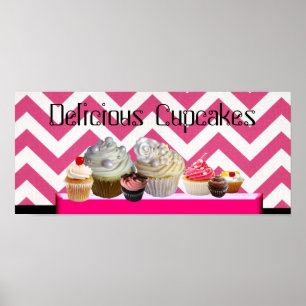 DELICIOUS CUPCAKES DESERT SHOP/ PINK WHITE CHEVRON POSTER