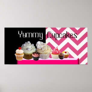 DELICIOUS CUPCAKES DESERT SHOP/ PINK WHITE CHEVRON POSTER