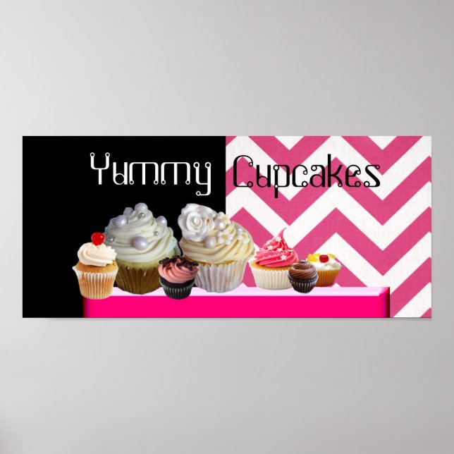DELICIOUS CUPCAKES DESERT SHOP/ PINK WHITE CHEVRON POSTER (Front)