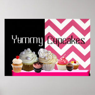 DELICIOUS CUPCAKES DESERT SHOP/ PINK WHITE CHEVRON POSTER