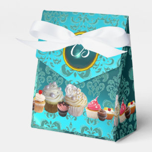 DELICIOUS CUPCAKES TEAL DAMASK BLUE GEM MONOGRAM FAVOUR BOX