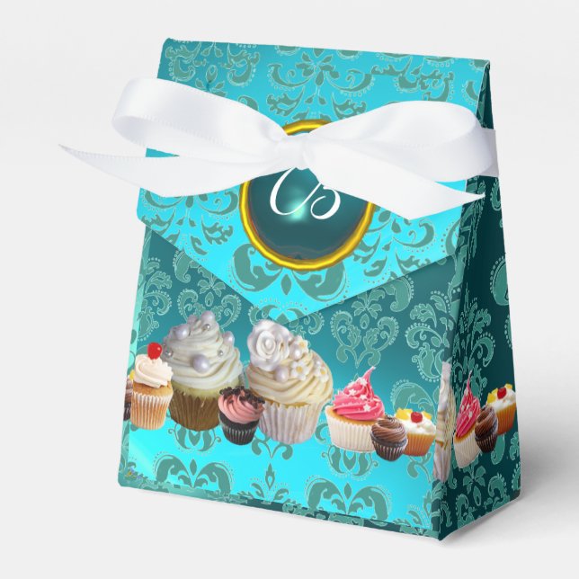DELICIOUS CUPCAKES TEAL DAMASK BLUE GEM MONOGRAM FAVOUR BOX (Front Side)